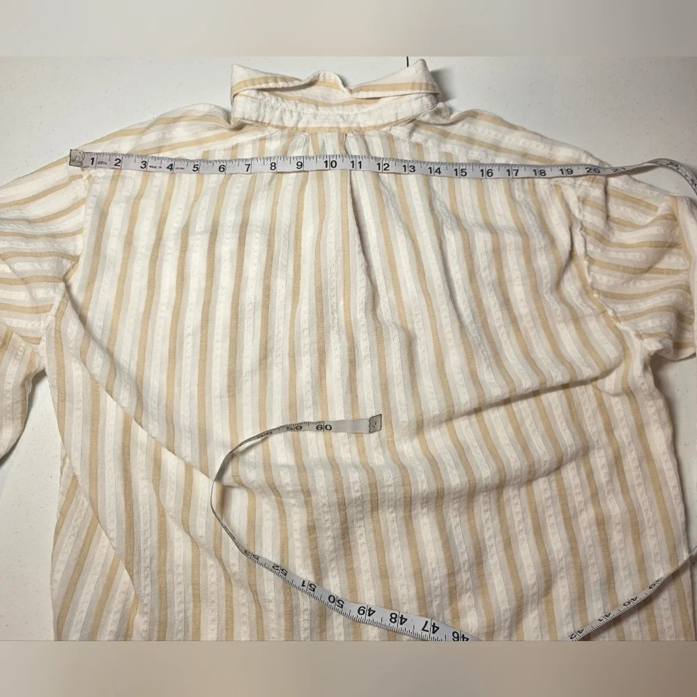 Beige Striped Button Down Shirt Lightweight Cotton Coastal Boho Oversized Top M